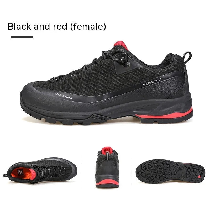 Low-top mountain climbing shoes with leather mesh upper and non-slip rubber sole in black-red and beige-maroon colour options for men and women.