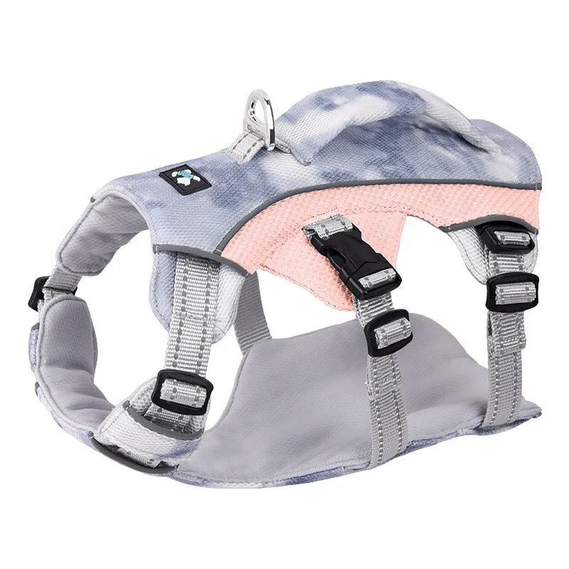 Reflective light blue pet cooling chest strap shown on a dog model