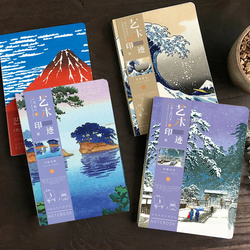 Ukiyo-e series hand ledger notebook showing The Great Wave Off Kanagawa artwork cover, open to show 100g Daolin paper pages