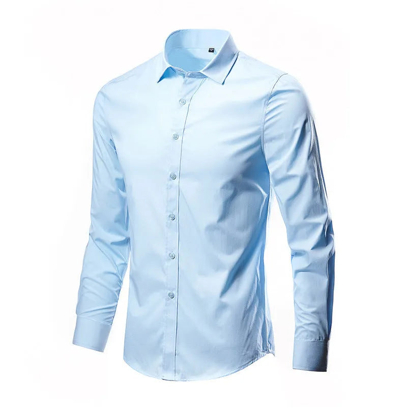 Loose-fit long-sleeve linen shirt shown in a neutral colour.