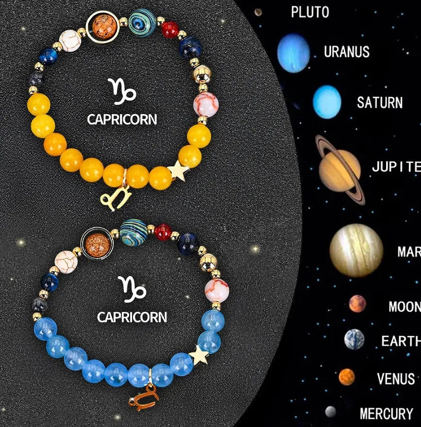 Natural stone beaded zodiac bracelet set showing adjustable elastic cord and twelve astrology sign designs
