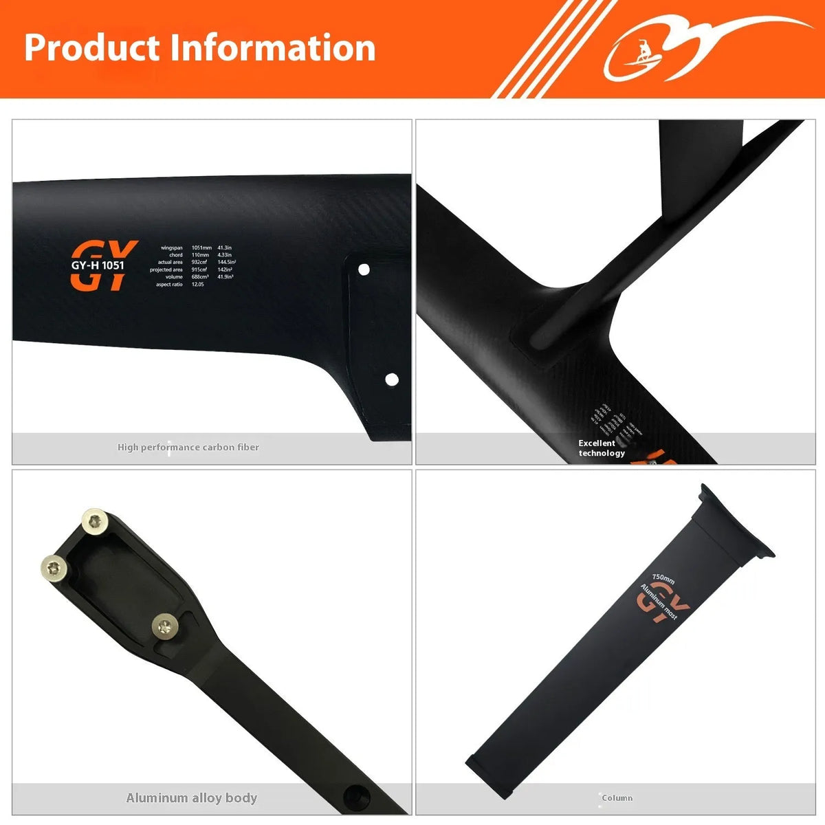 Black carbon fibre and aluminium alloy racing surf hydrofoil with wide front wing.