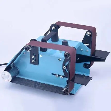 Blue desktop dual-axis belt sander with 750W motor and variable speed control for knife sharpening