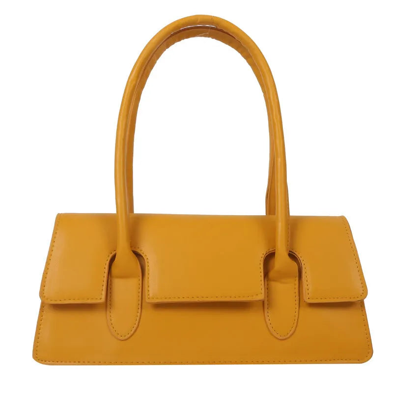 Women's small square shoulder bag in PU leather with stitching detail, shown in yellow colour
