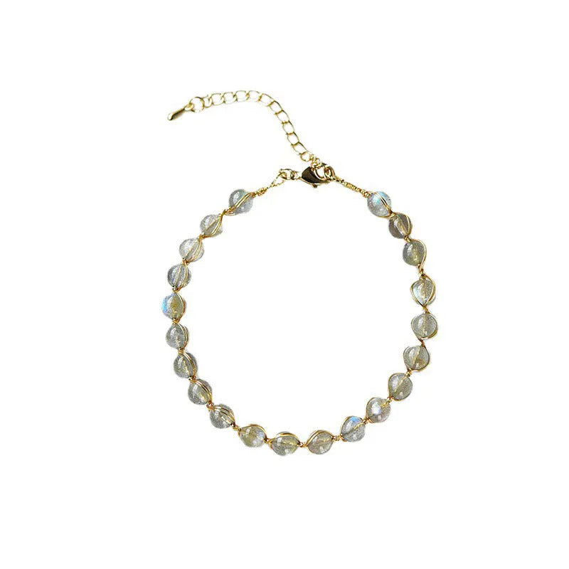 Women's crystal bracelet with 6mm blue moonstone and 14K gold gilded metal detailing