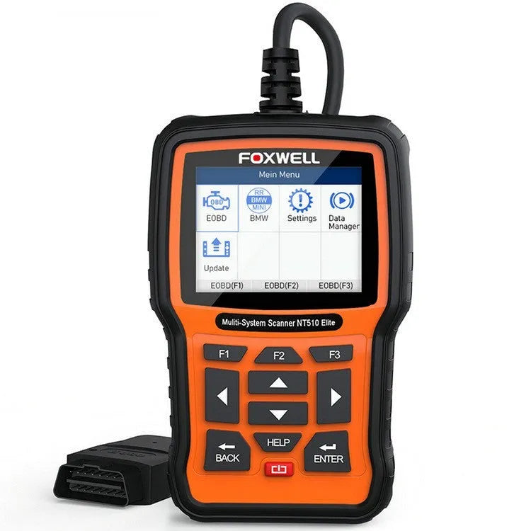 Foxwell NT510 orange and black automotive OBD2 diagnostic scanner and reset tool.