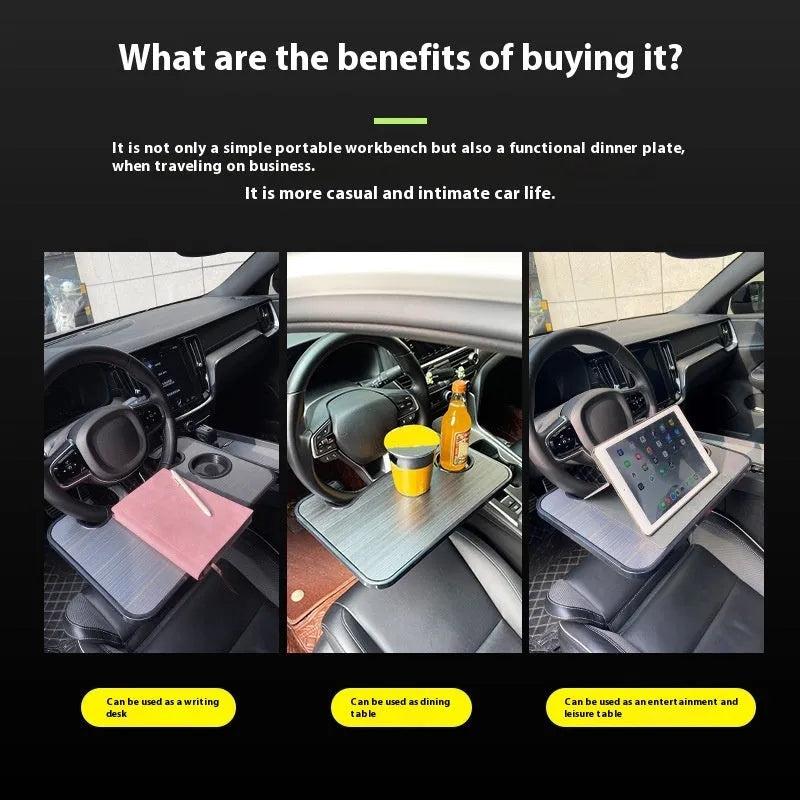 Black portable car steering wheel laptop stand and dining tray with foldable cup holder on a 42x28 cm surface