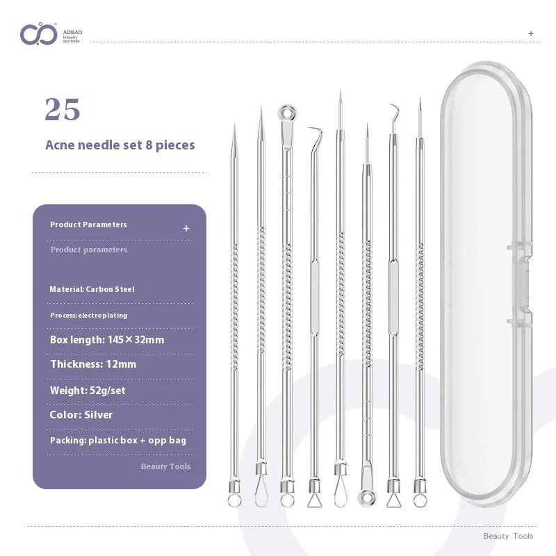 Four metal acne needles with ultra fine points stored in a black plastic clip.