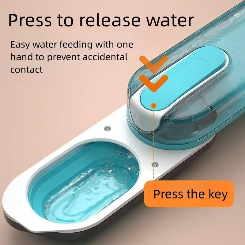 Portable blue dog water bottle with a folded silicone drinking bowl attached to its side.