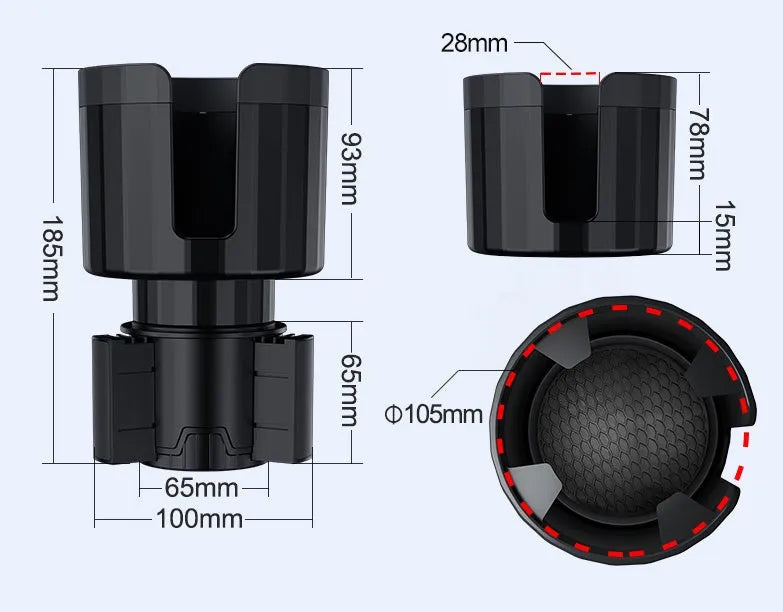 Matte black car cup holder expander with adjustable base for large bottles and cups