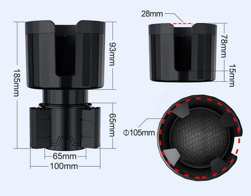 Matte black car cup holder expander with adjustable base for large bottles and cups