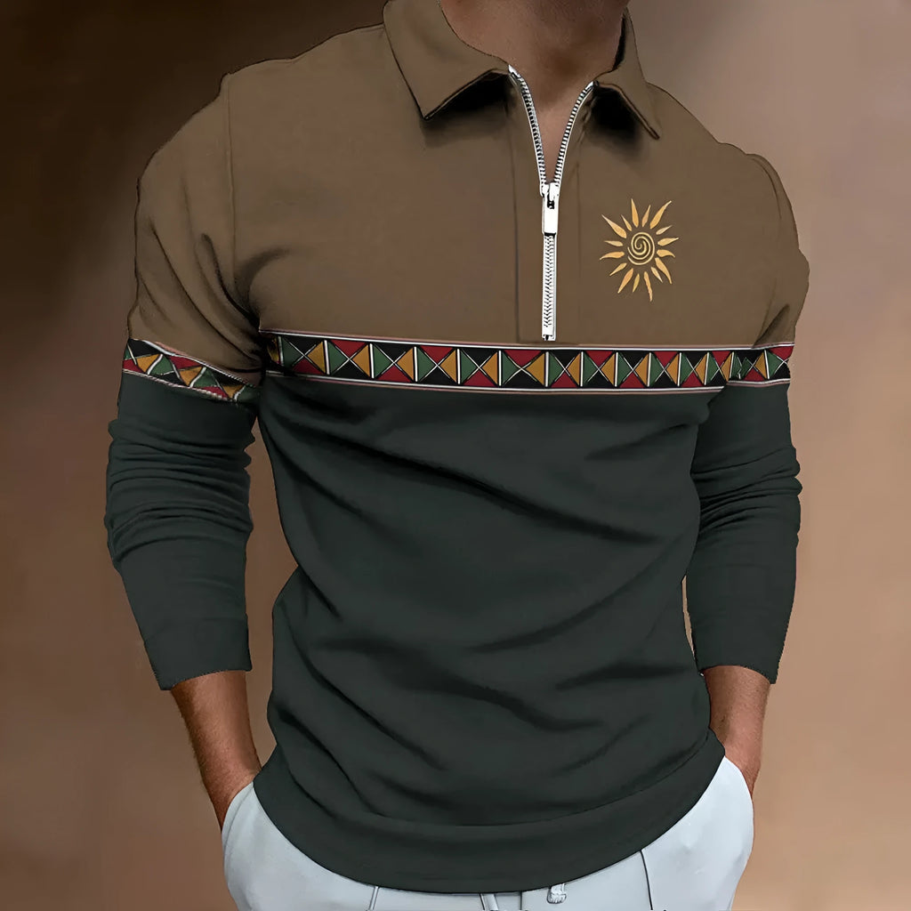 Men's loose fit long sleeve T-shirt with retro colour printing and zip details on striped fabric