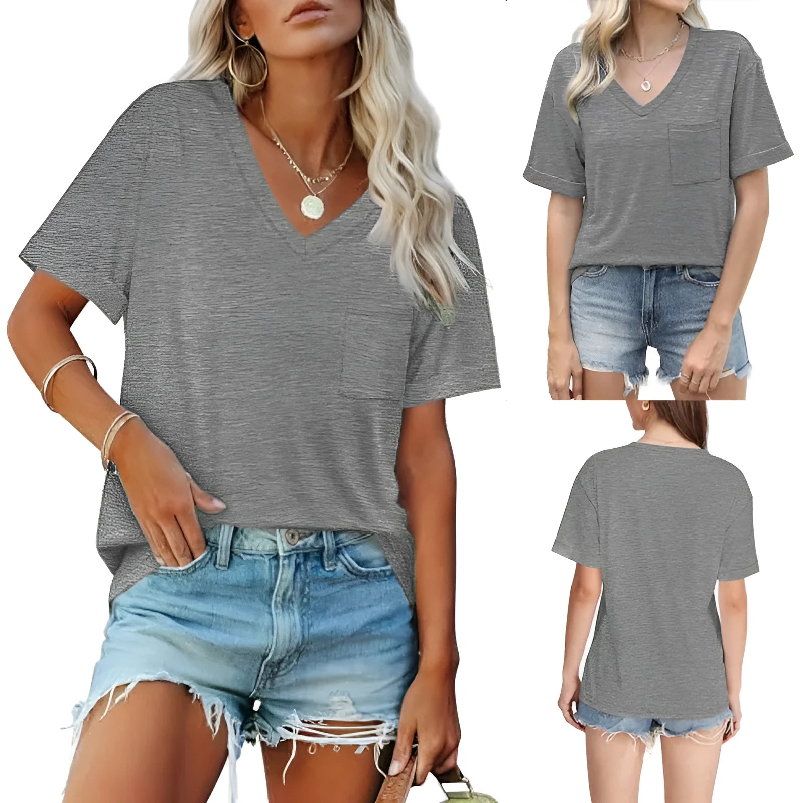 Gray loose fit V-neck t-shirt with front pocket and short sleeves