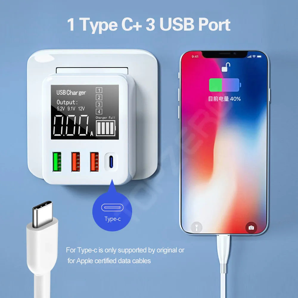 White 4-port QC3.0 and Type-C fast travel charger with optional international plugs on a table.