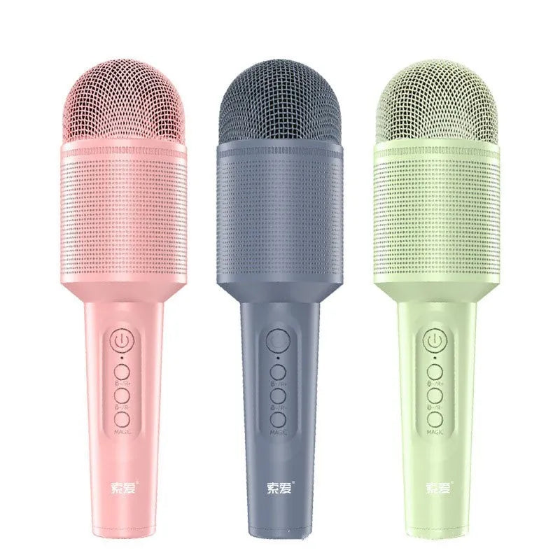 Pink, blue, and green wireless Bluetooth karaoke microphone with USB connection