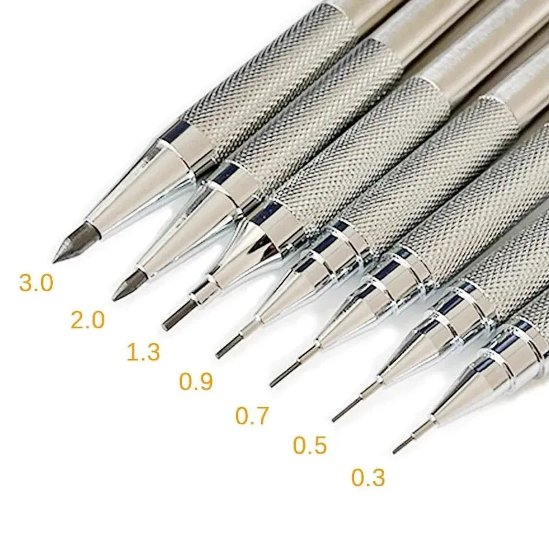 Metal automatic mechanical pencil with five lead size options displayed with 2B refills