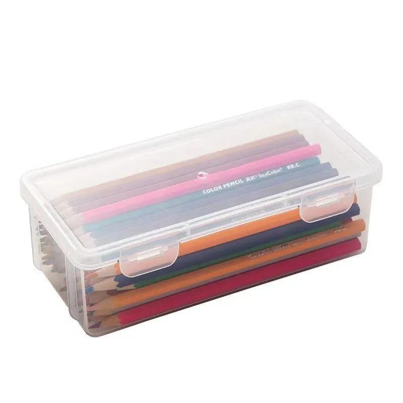 Transparent plastic stationery storage box for pencils, crayons, and art supplies
