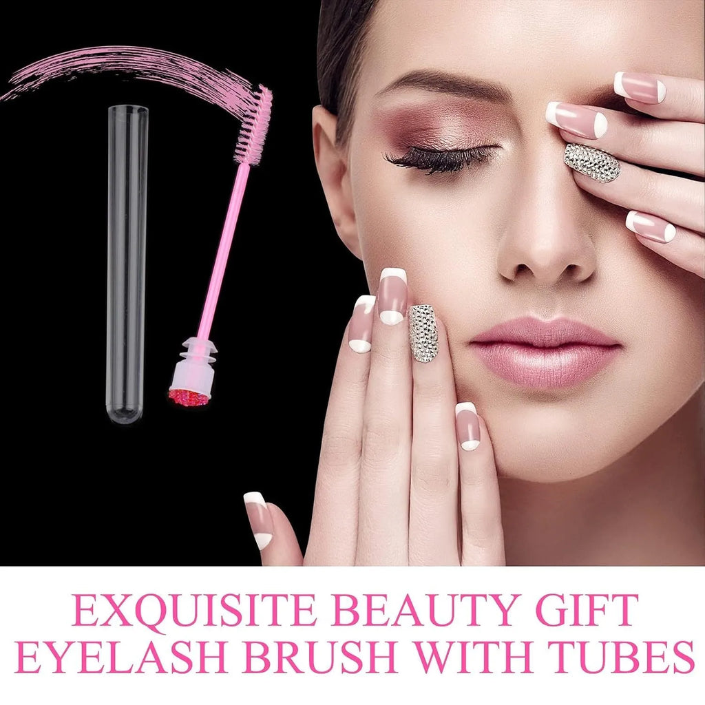Set of coloured disposable eyelash mascara brushes inside clear plastic protective tubes.
