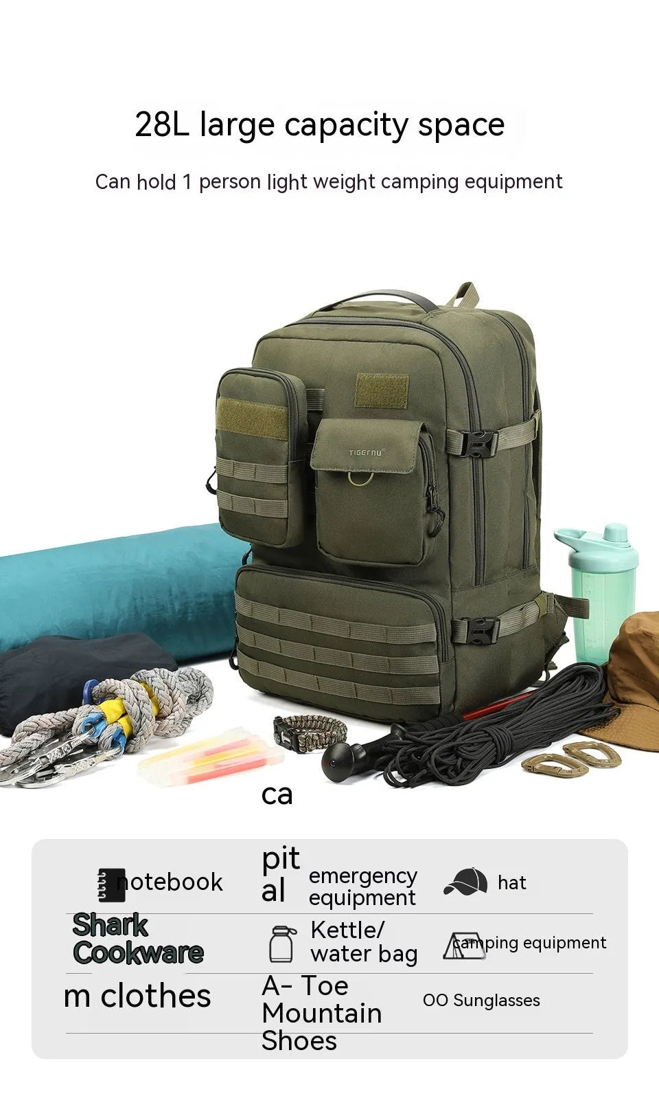 17-inch tactical backpack in army green or black with waterproof nylon construction