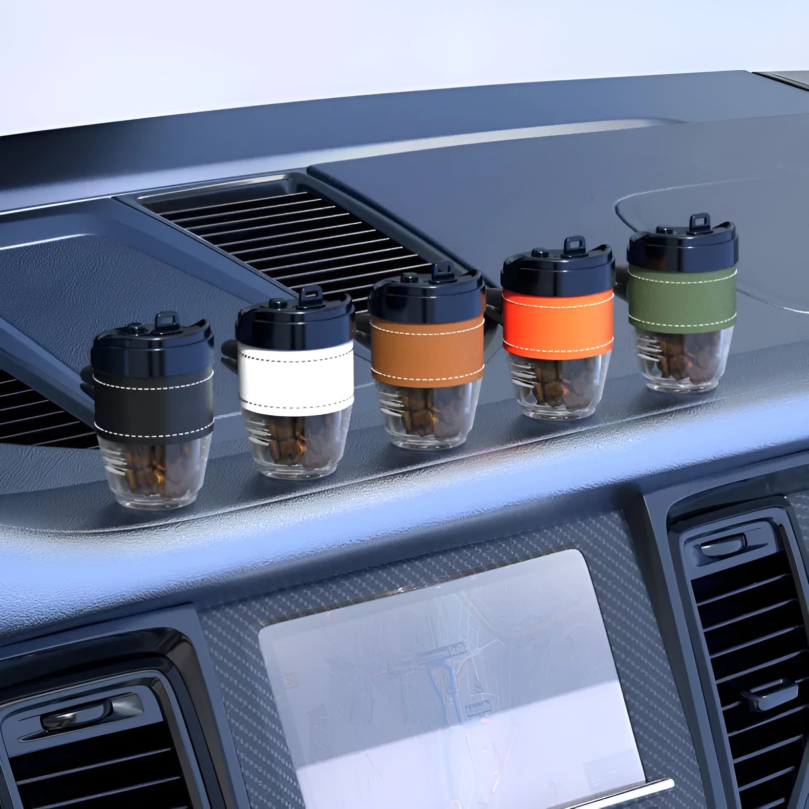 Cup-shaped car air freshener with coffee beans fragrance in plastic housing