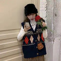 Diamond plaid pattern sleeveless cardigan top in loose free-size fit