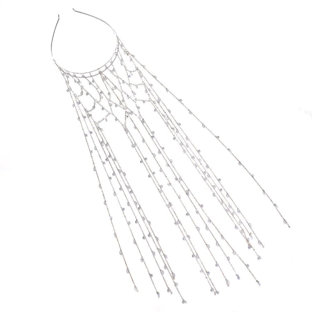 Gold and silver rhinestone mesh hair band with a tassel detail