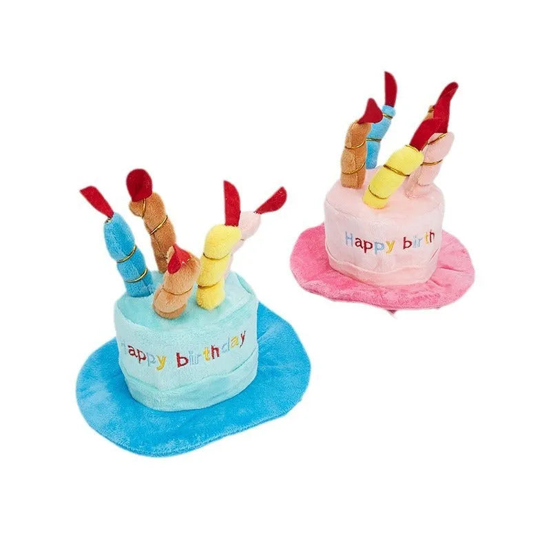 Blue and pink dog birthday hat for toy dogs measuring 21cm wide