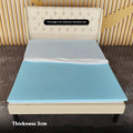 Thin gel memory cotton mattress on a tatami mat showing 2cm, 3cm, and 5cm thickness options.
