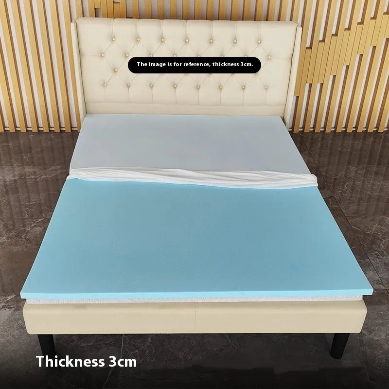 Thin gel memory cotton mattress on a tatami mat showing 2cm, 3cm, and 5cm thickness options.