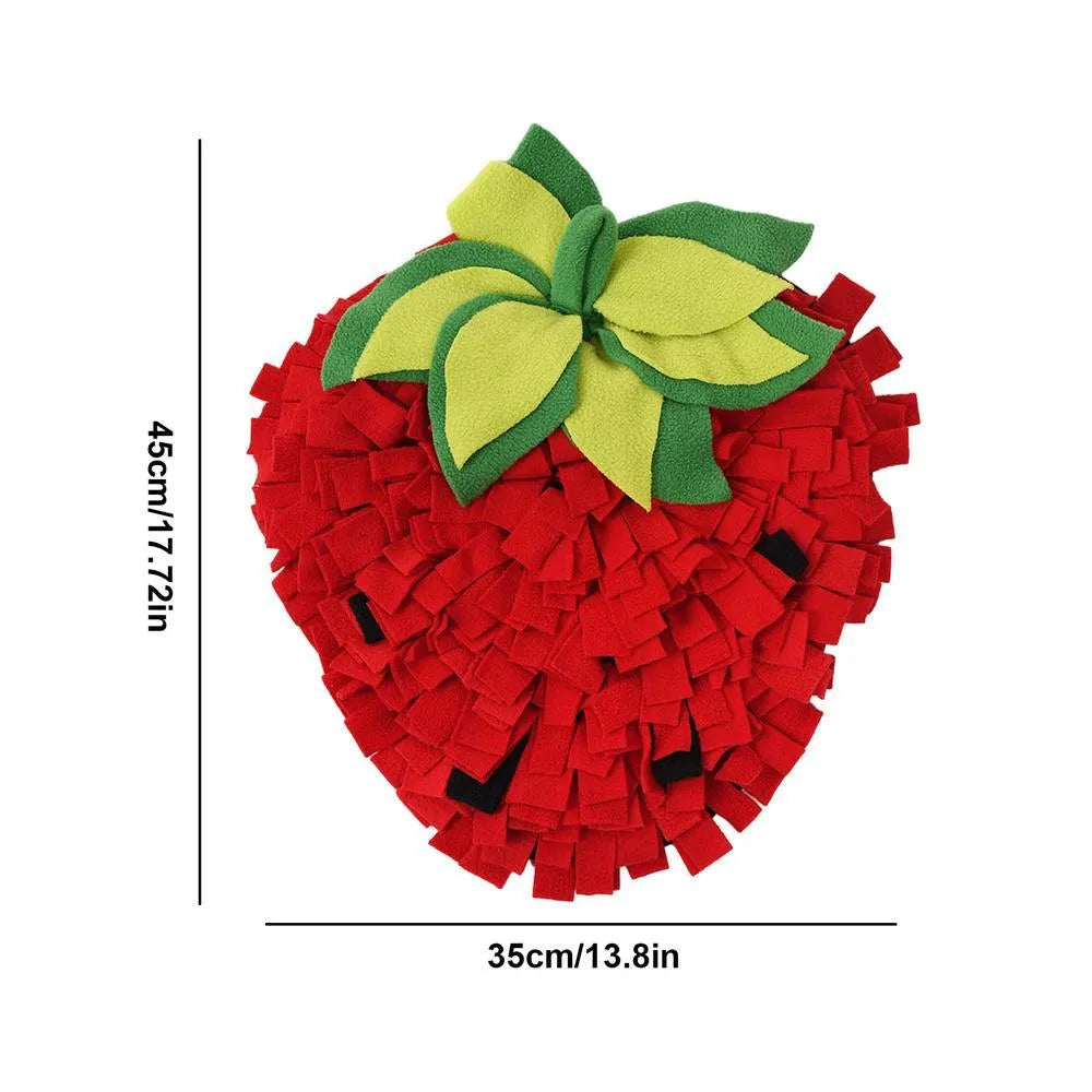 Red and green strawberry-shaped pet sniffing mat for dogs cats slow feeding forage activity