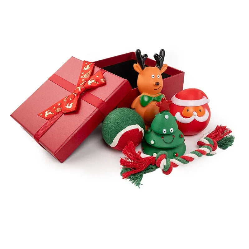 Christmas vinyl dog chew toys gift sets with festive designs including trees, Santa heads, and bite ropes