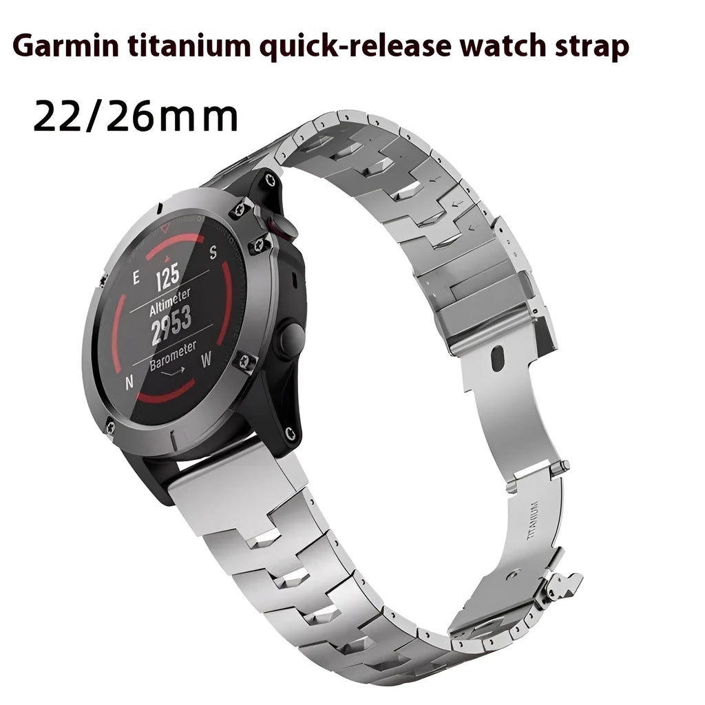 Garmin Jiaming Fenix compatible watch strap in silver, black, and titanium colour for 22mm and 26mm watches.
