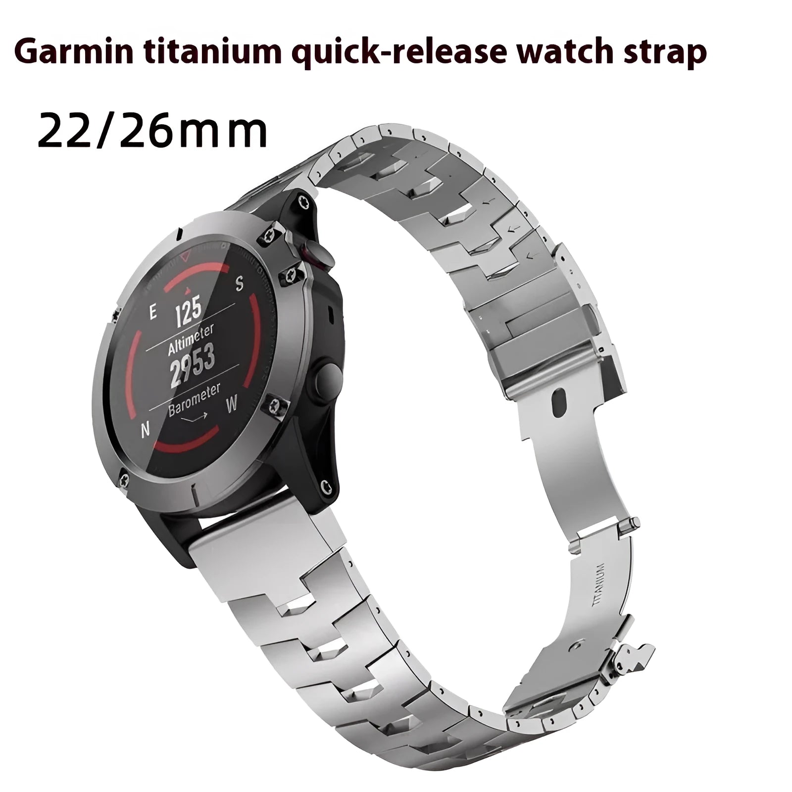 Garmin Jiaming Fenix compatible watch strap in silver, black, and titanium colour for 22mm and 26mm watches.