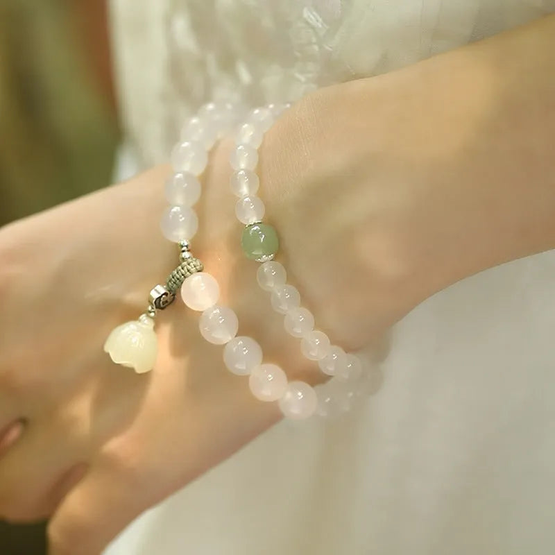 Women's S925 silver bracelet with white agate and Hetian jade stones in geometric national style design