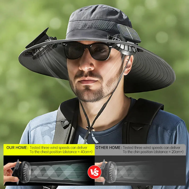 A man wearing a customisable solar-powered fan hat with a cooling fan visible on the brim, shown in a khaki colour.