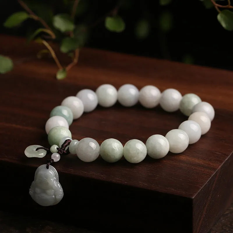 Natural jade bracelet with geometric pendant and hanging charms including Maitreya Buddha, gourd, and double apple designs