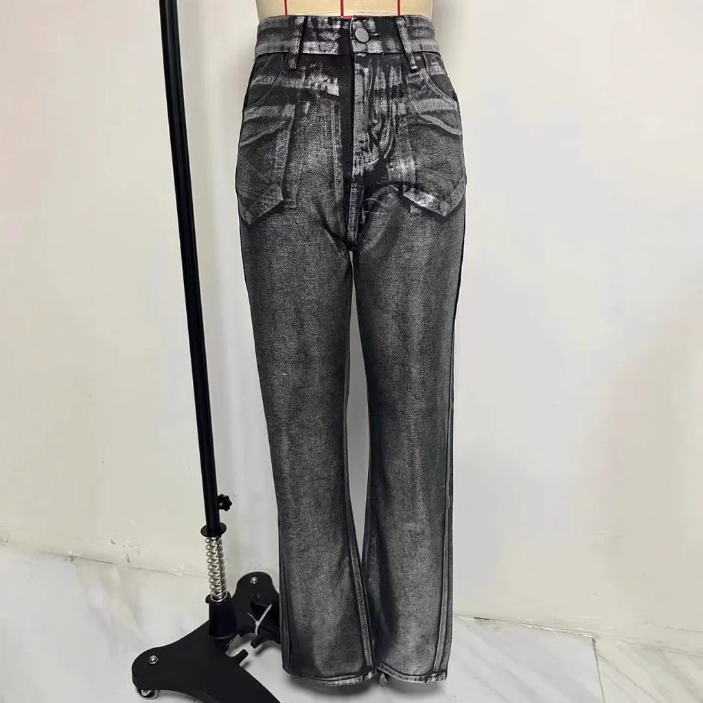 Washed blue high waist straight leg jeans with contrast colour street hipster styling