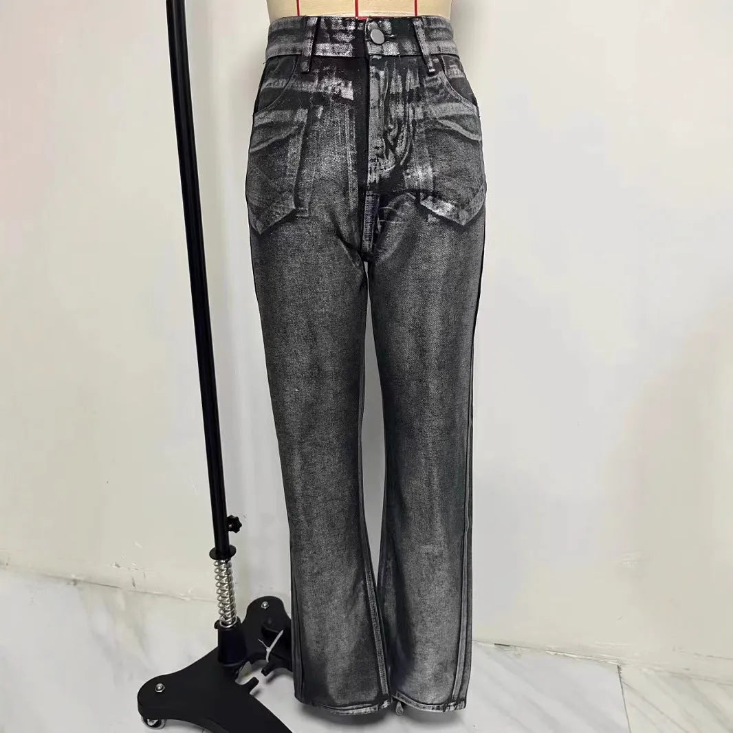 Washed blue high waist straight leg jeans with contrast colour street hipster styling