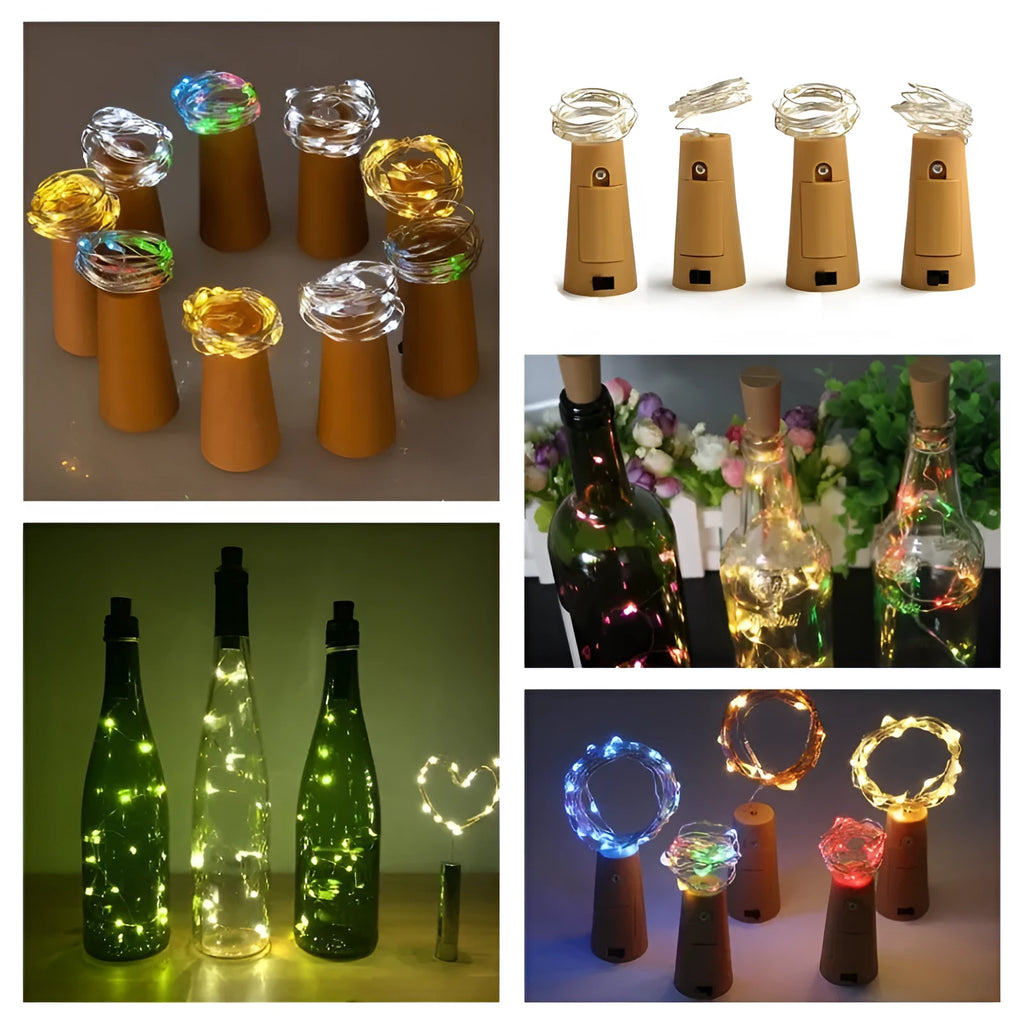 Flexible copper wire LED string lights wrapped around wine bottle with warm white illumination