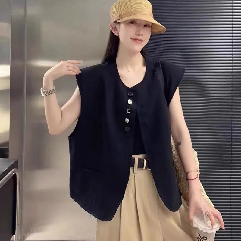 Women's loose fit sleeveless vest in black with a pocket, shown on a hanger.