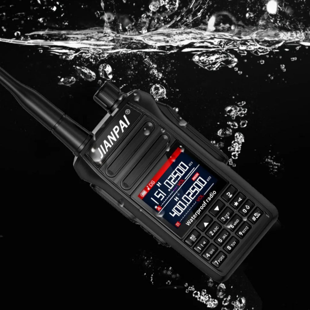 Black Interphone waterproof aviation full band two-way radio with dustproof plastic shell, antenna, battery, charger, and headset.