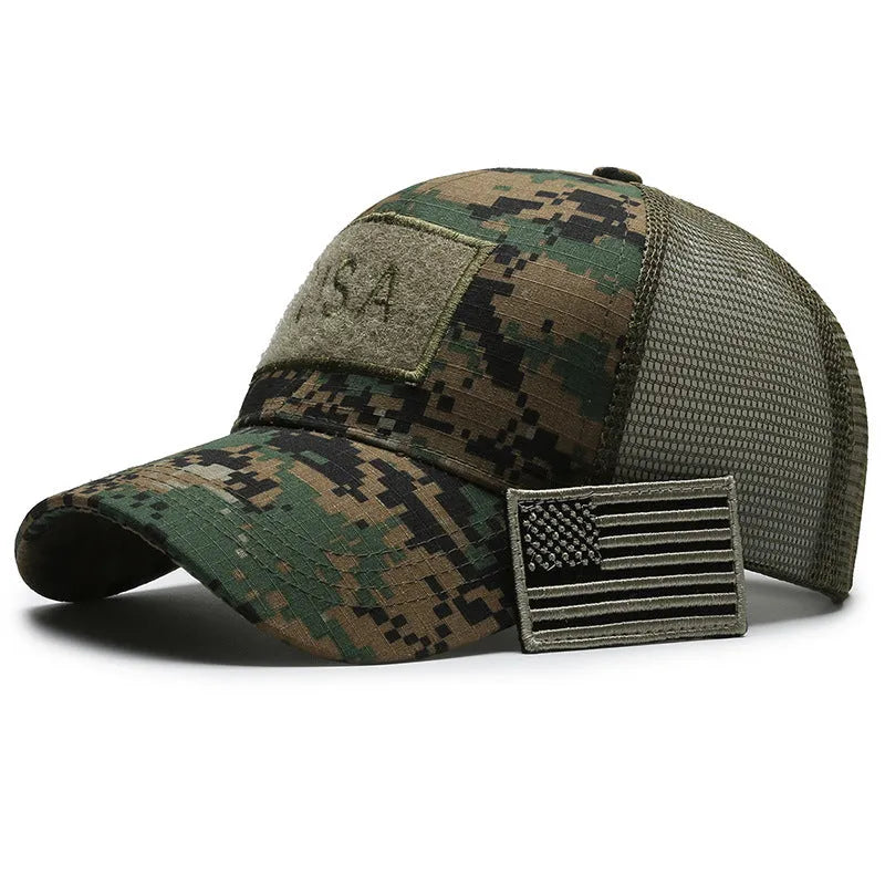 Adjustable Velcro outdoor baseball hat in tactical camouflage pattern with dome crown