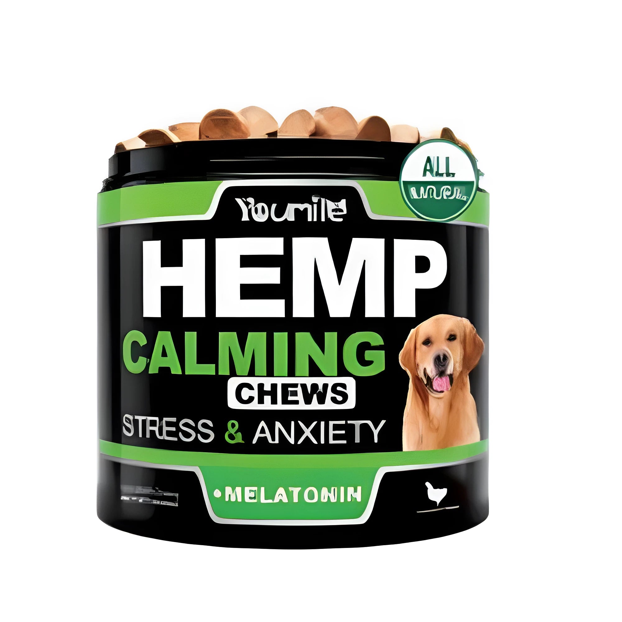Bottle of 120 dog calming chews in chicken flavour soft chew form for anxiety relief