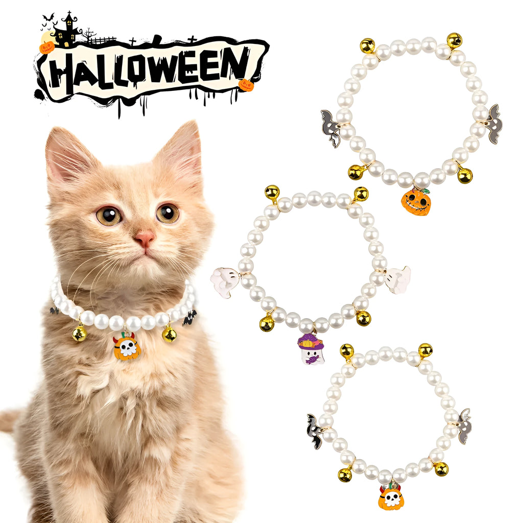 Halloween pet collar charm with simulated pearls and a choice of pumpkin or ghost decoration.