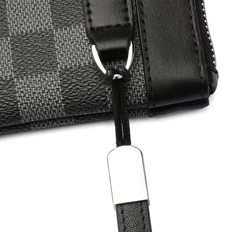 Black men's leather plaid clutch wallet showing genuine cowhide texture and 20x10cm dimensions
