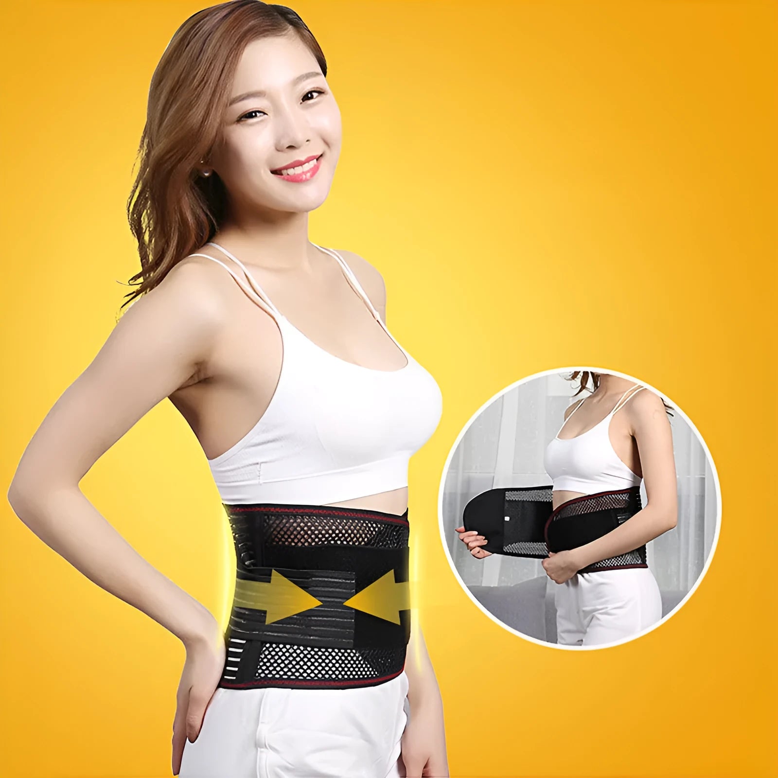 Black breathable sports waist support belt with internal steel plate for lumbar protection, shown on a white background.