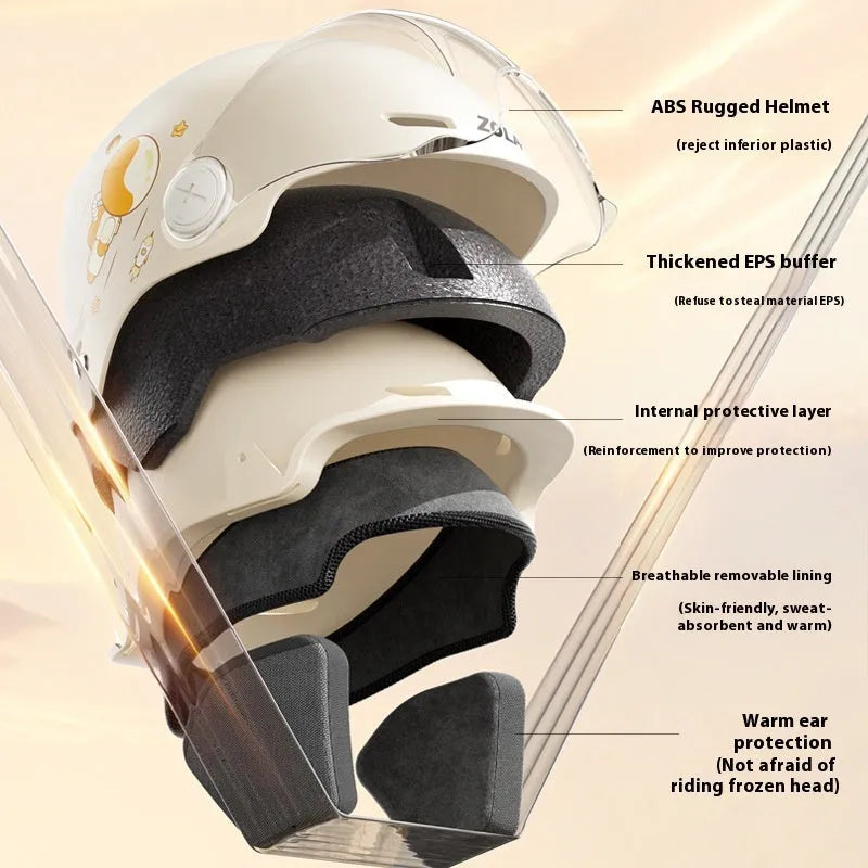Khaki coloured electric motorcycle half helmet with interchangeable lens system shown from side view