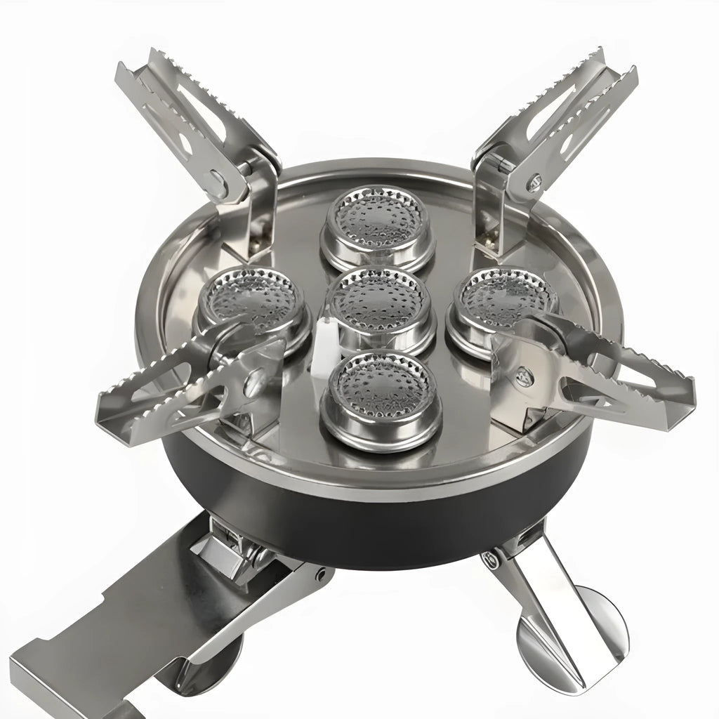 Silver portable foldable stainless steel and copper split stove for outdoor camping.