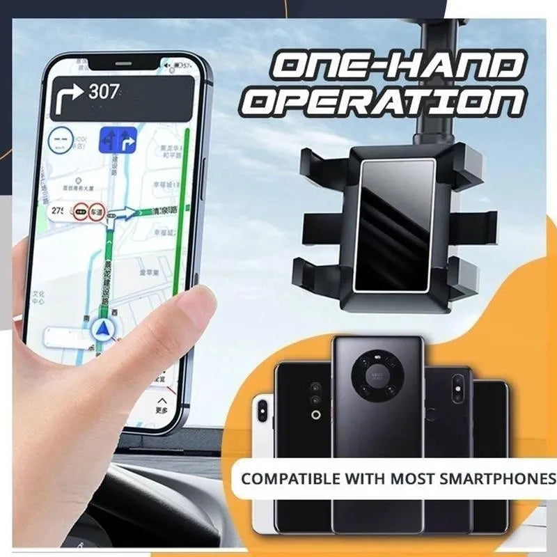 Black rearview mirror phone holder with 360-degree rotation mounted on car mirror holding mobile phone