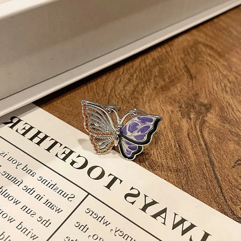 Copper butterfly ring for women with Chinese design and oil drip finish texture
